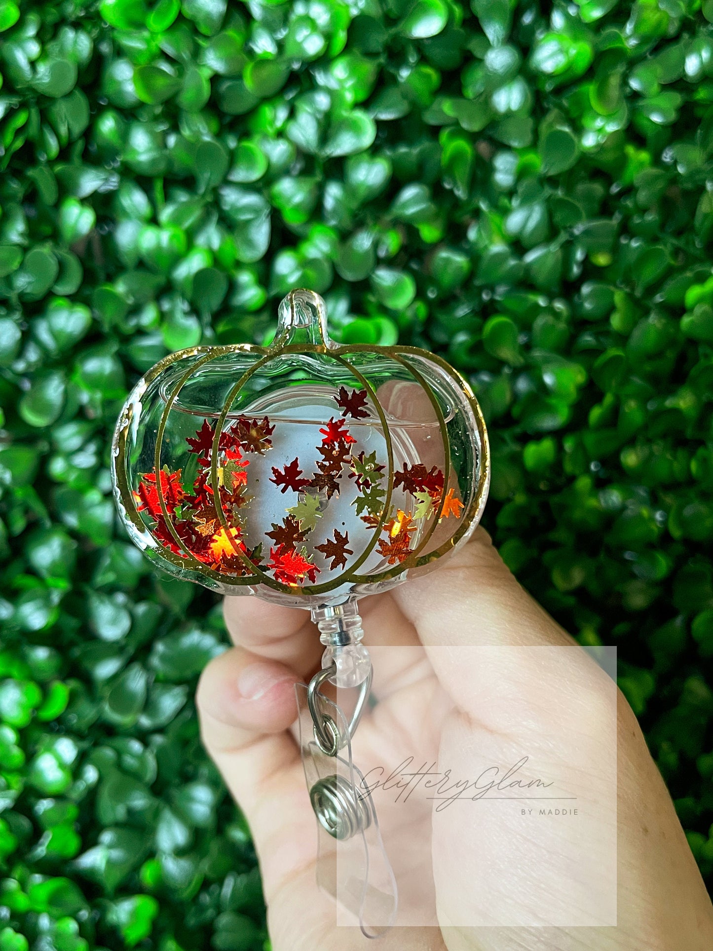 Pumpkin Shaker Badge Reel: Autumn Leaves, Retractable ID Holder