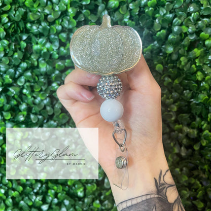 Sparkling Silver Pumpkin Badge Reel: Beaded Alligator Clip