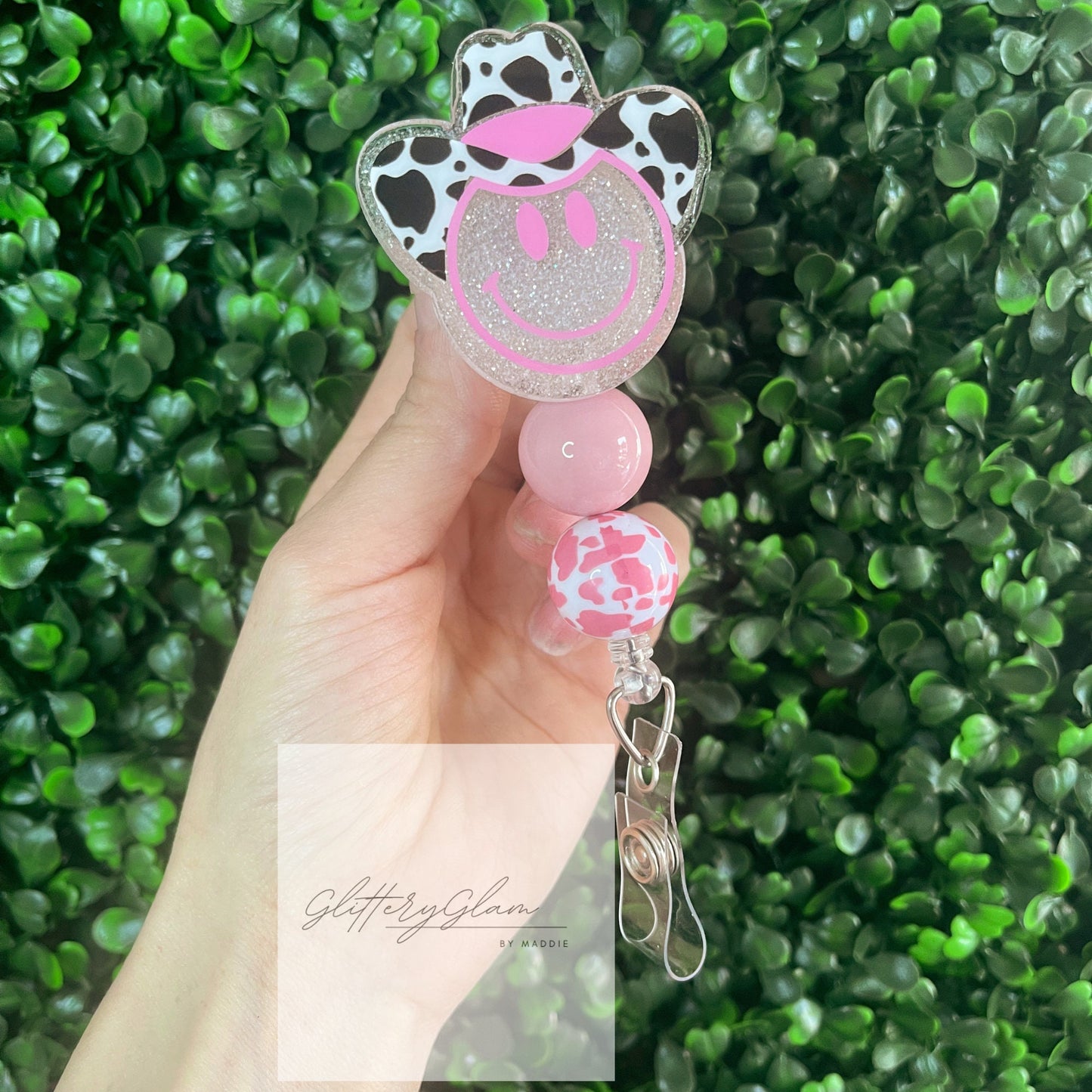 Cowboy Smiley Face Badge Reel: Cowprint Hat, Beaded Nurse ID Holder