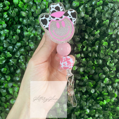 Cowboy Smiley Face Badge Reel: Cowprint Hat, Beaded Nurse ID Holder