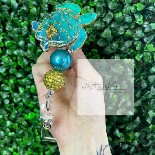 Gold Sea Turtle Beaded Badge Reel