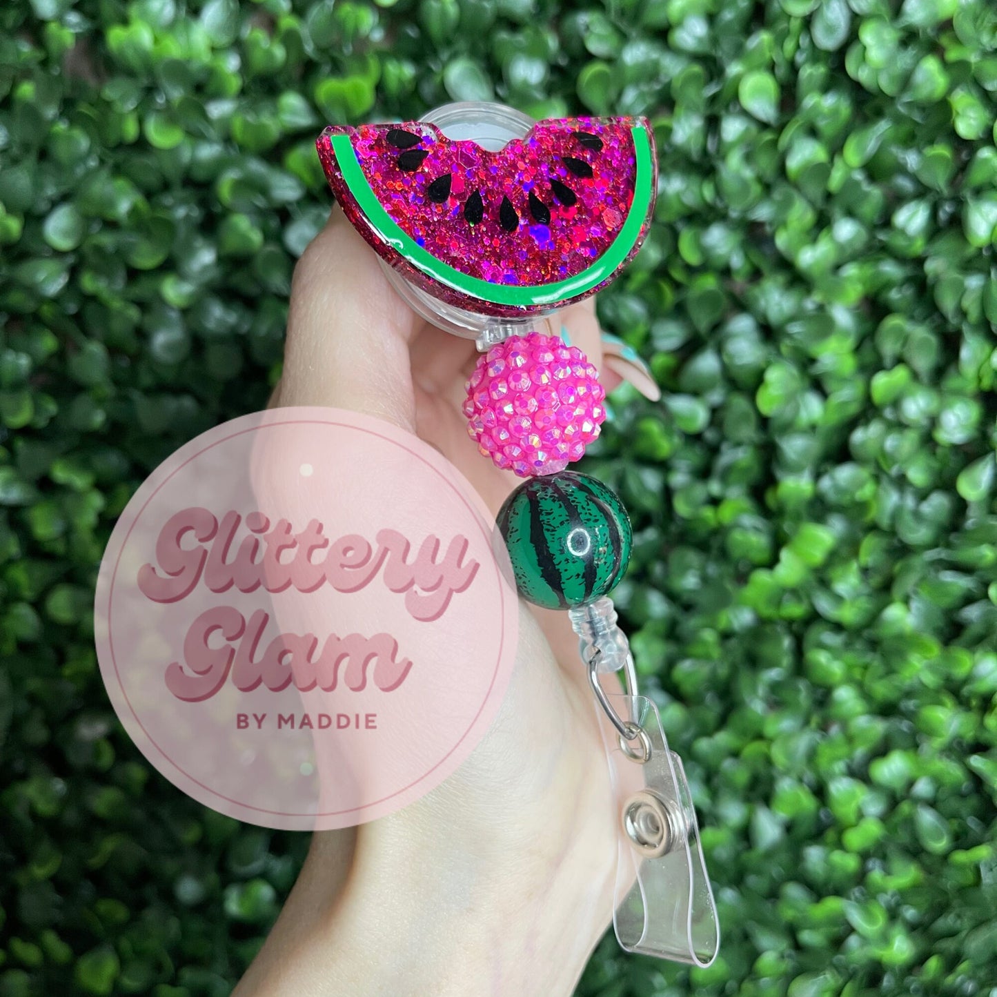 Watermelon Badge Reel: Glitter Acrylic Retractable ID Holder