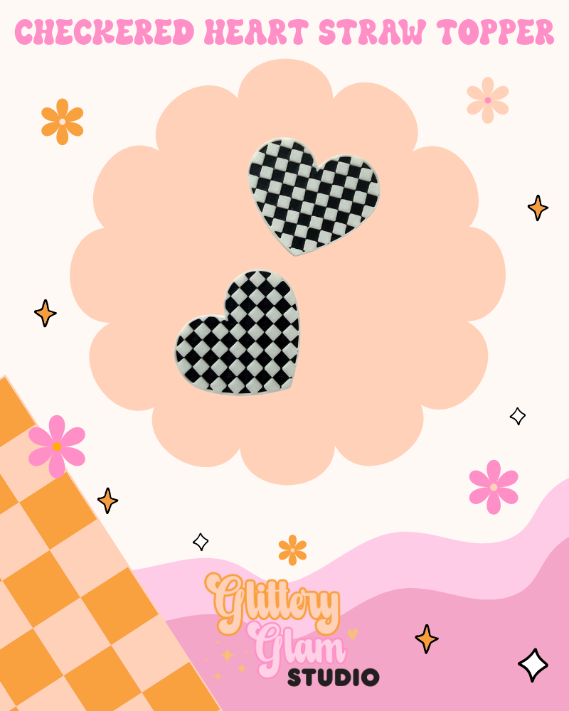 Checkered Heart Straw Topper – Retro 3D Printed Stanley Cup Accessory