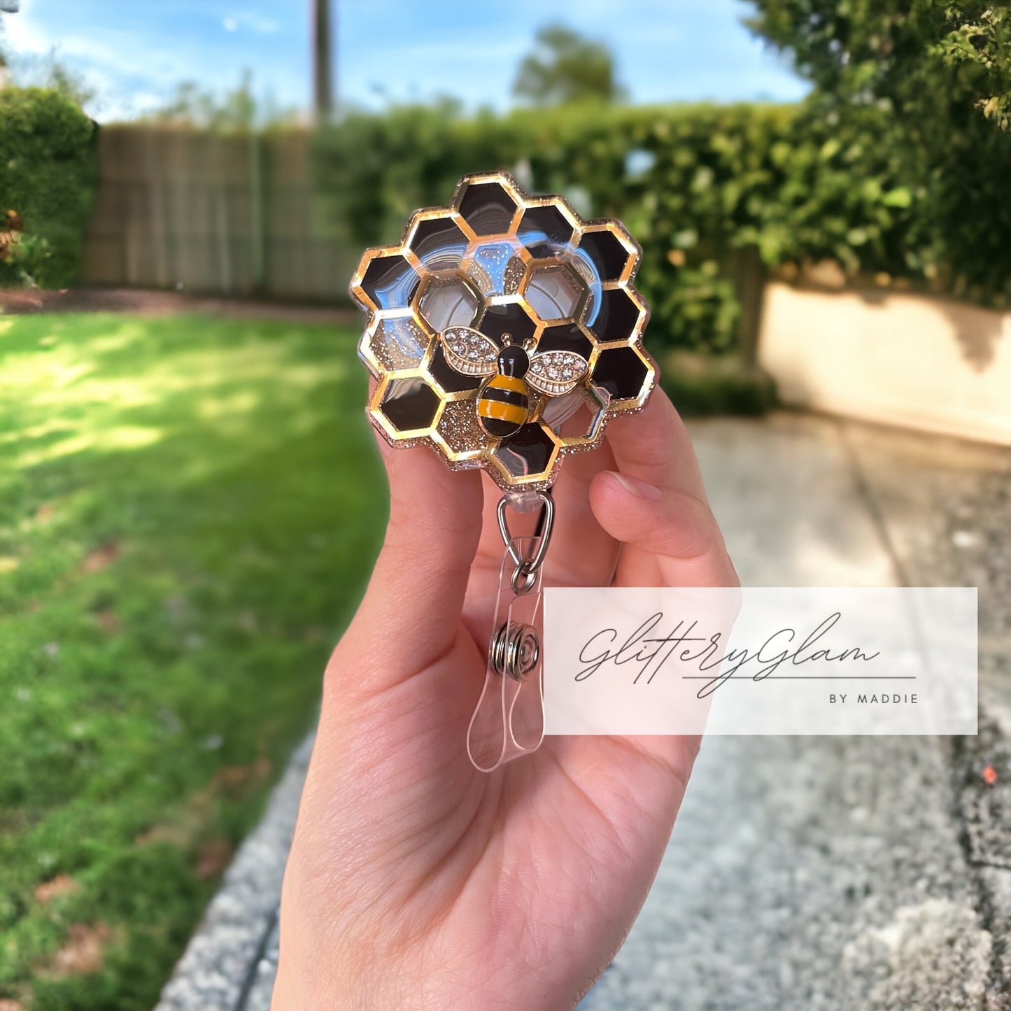 Honeycomb Bee Badge Reel: Glitter ID Holder, Nurse Gift