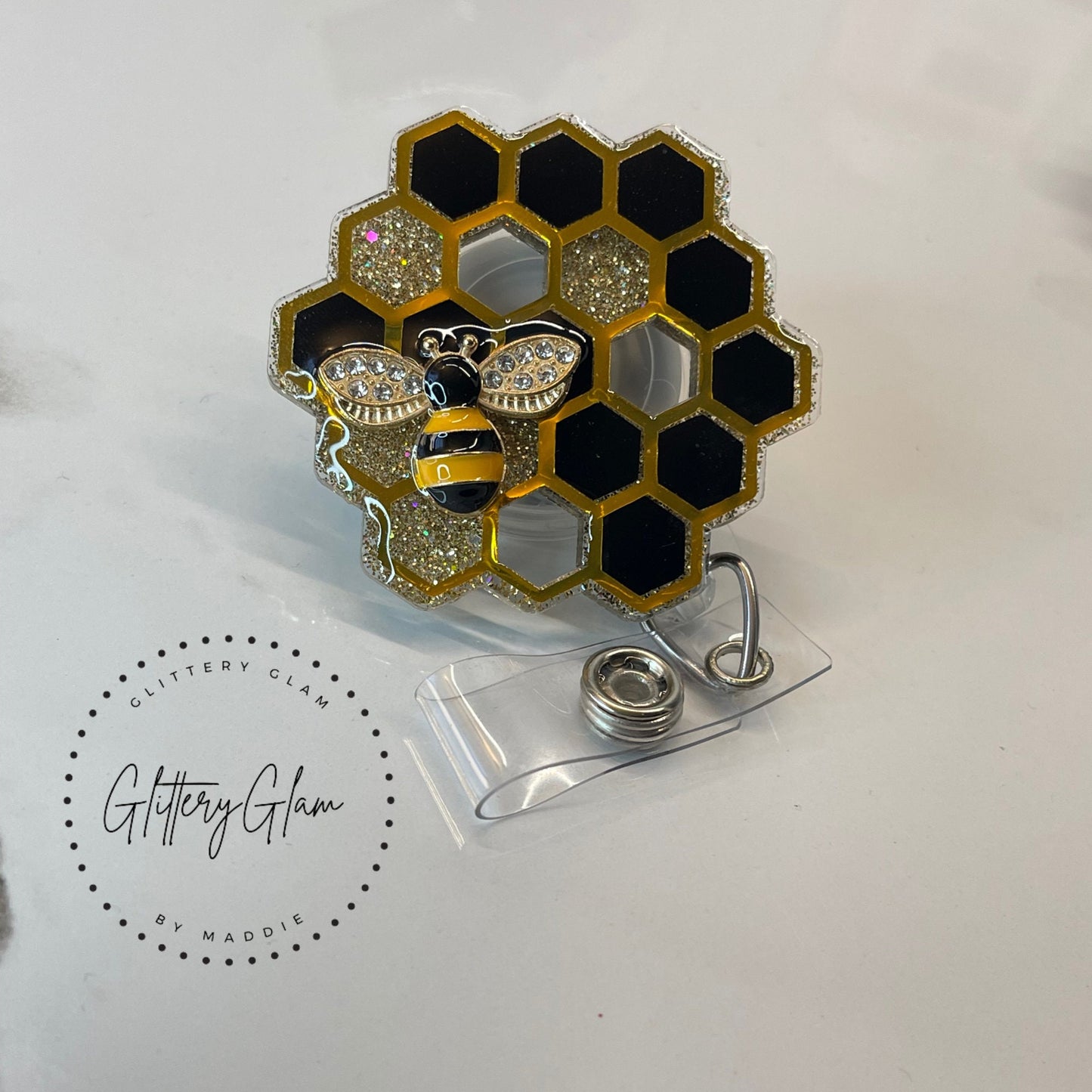 Honeycomb Bee Badge Reel: Glitter ID Holder, Nurse Gift