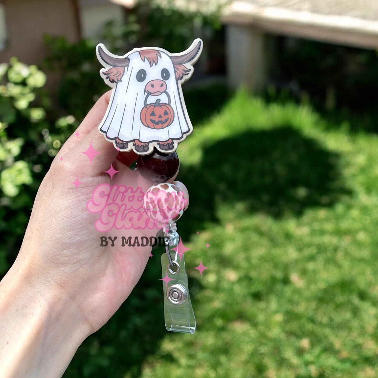 Highland Cow Ghost Badge Reel: Spooky Halloween ID Clip