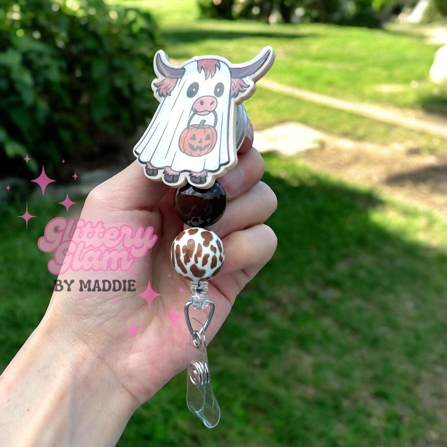 Highland Cow Ghost Badge Reel: Spooky Halloween ID Clip