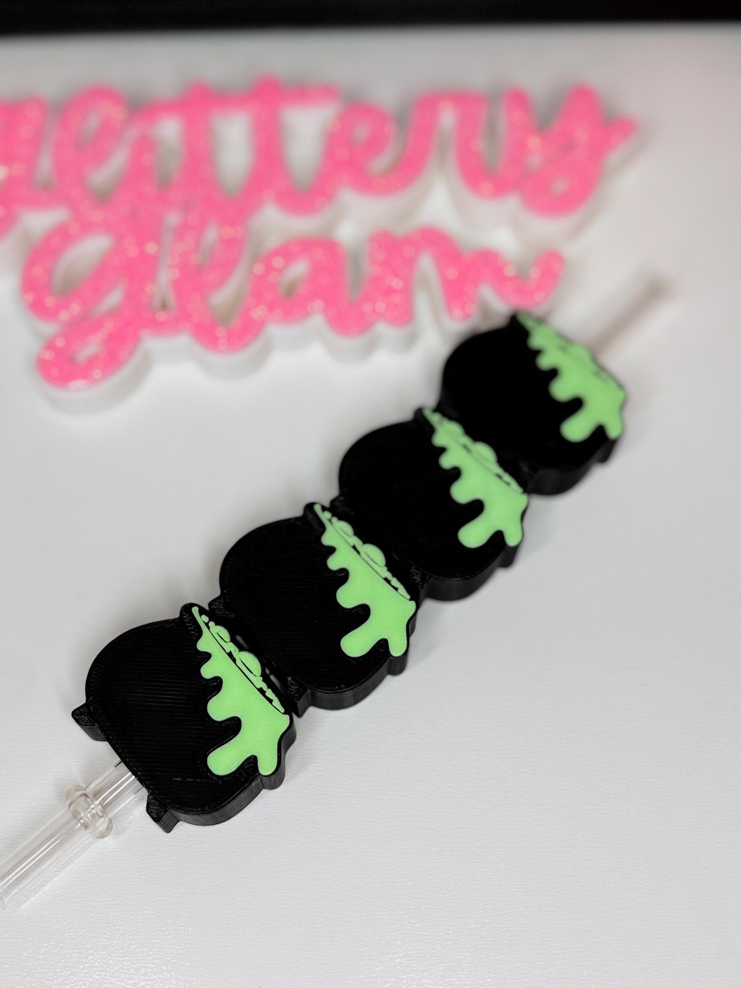 Glow in the Dark Bubbling Cauldron Straw Topper | Cute Spooky Halloween Cup Accessory | Glitter Witch Cauldron Tumbler Topper