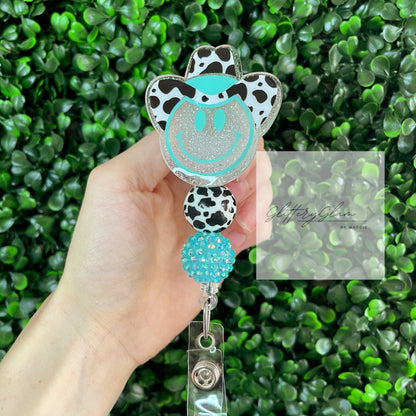 Cowboy Smiley Face Badge Reel: Cowprint Hat, Beaded Nurse ID Holder