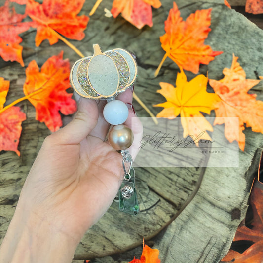 Gold Pumpkin Beaded Badge Reel: Fall Work Accessory