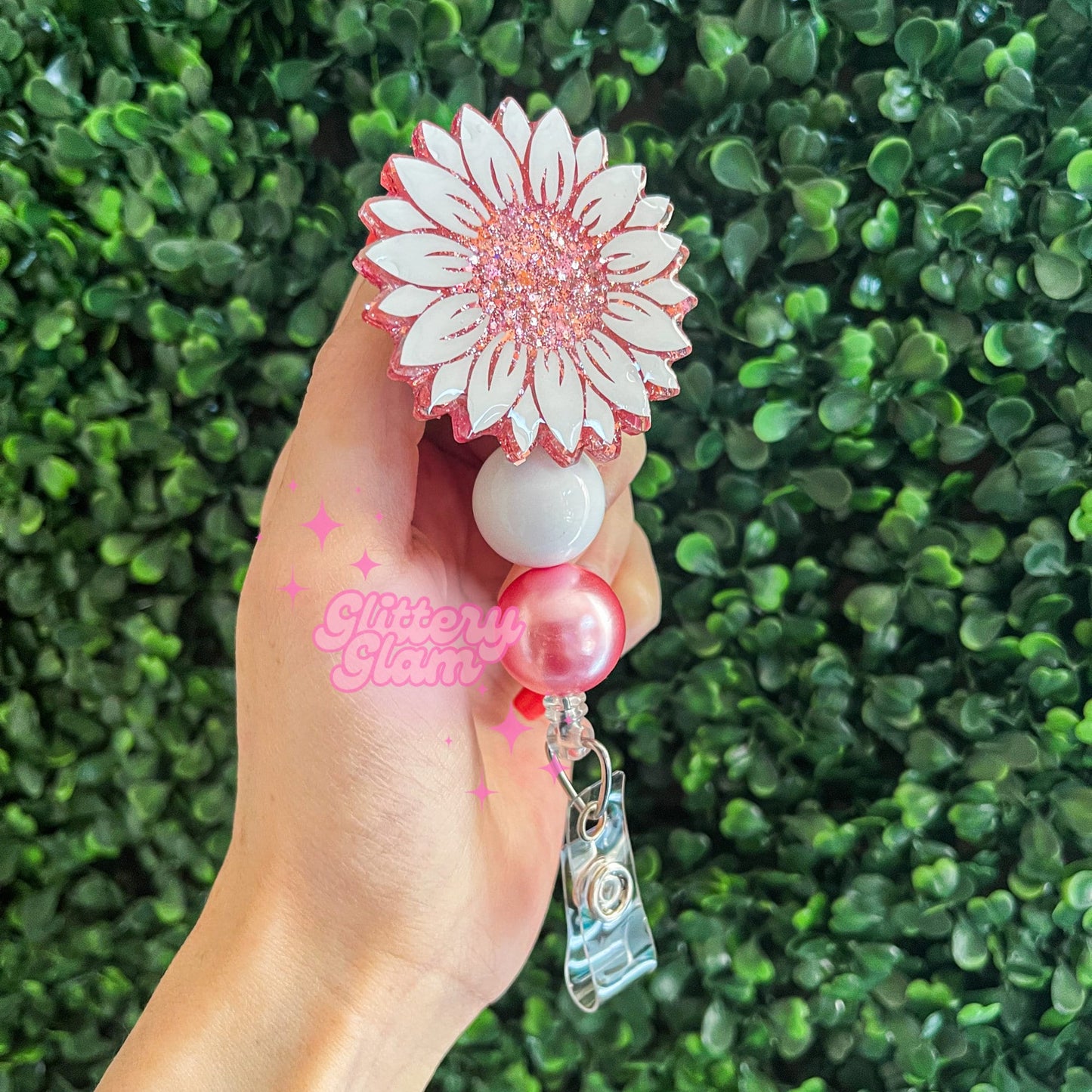 Personalized Sunflower Badge Reel: Rose Gold Glitter Nurse ID Holder