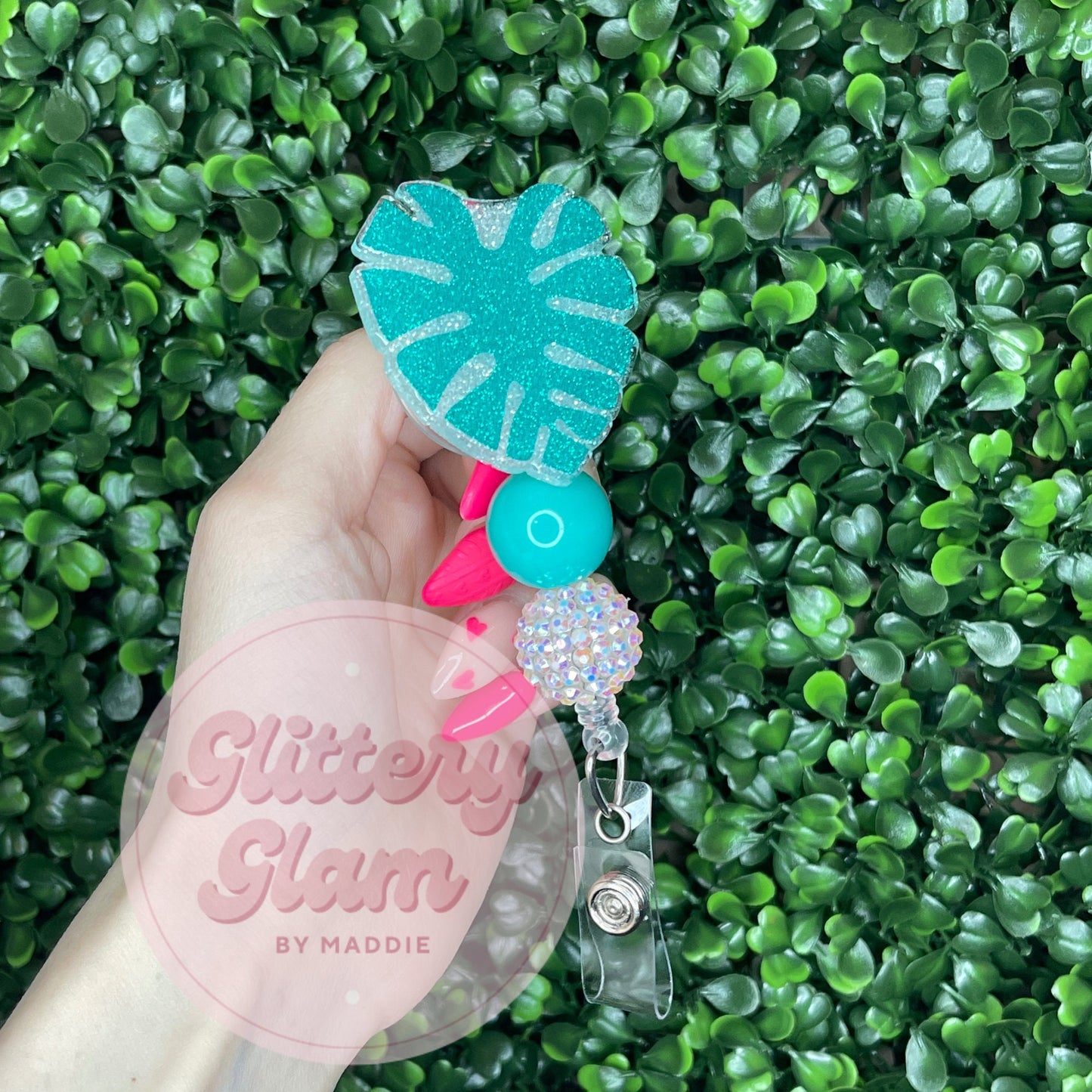 Monstera Leaf Badge Reel: Glitter Plant ID Holder