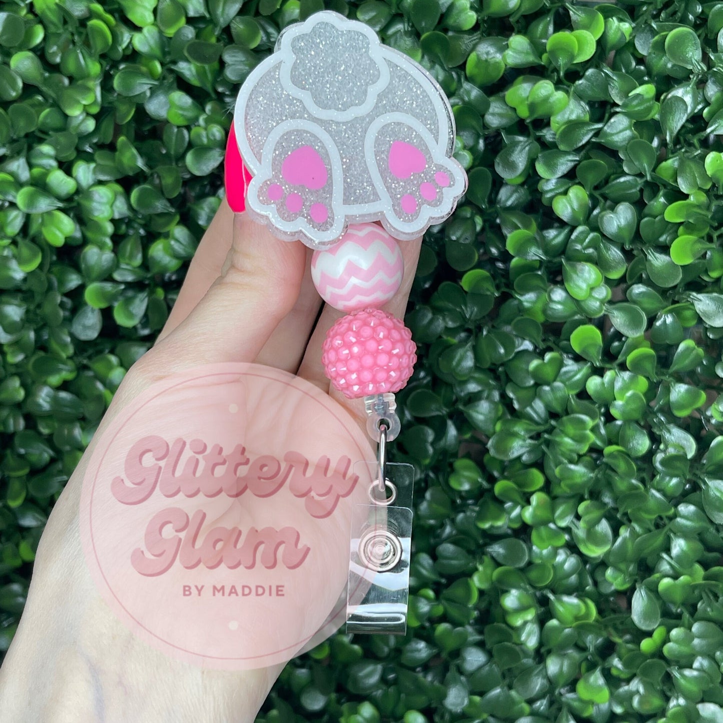 Easter Bunny Butt Badge Reel: Glittery Beaded Retractable ID Holder