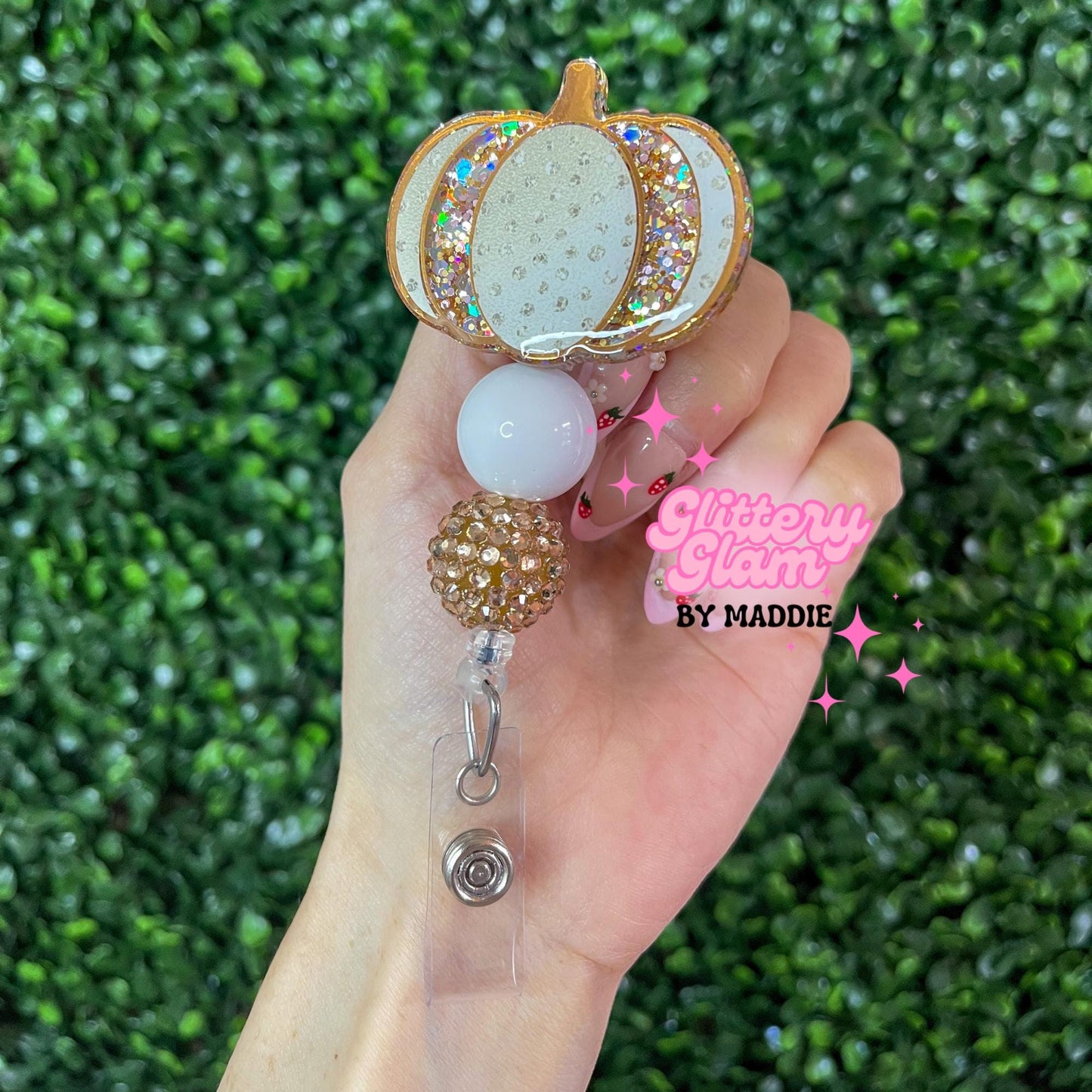 Gold Pumpkin Beaded Badge Reel: Fall Work Accessory