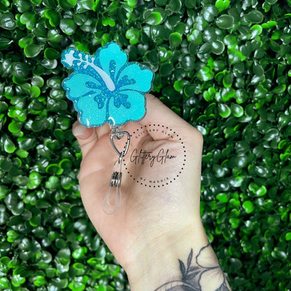 Summer Hibiscus Badge Reel: Glitter Floral Nurse ID Holder