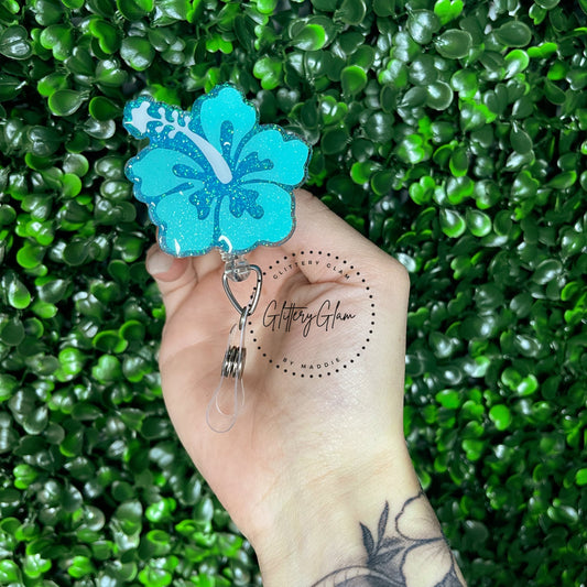 Summer Hibiscus Badge Reel: Glitter Floral Nurse ID Holder