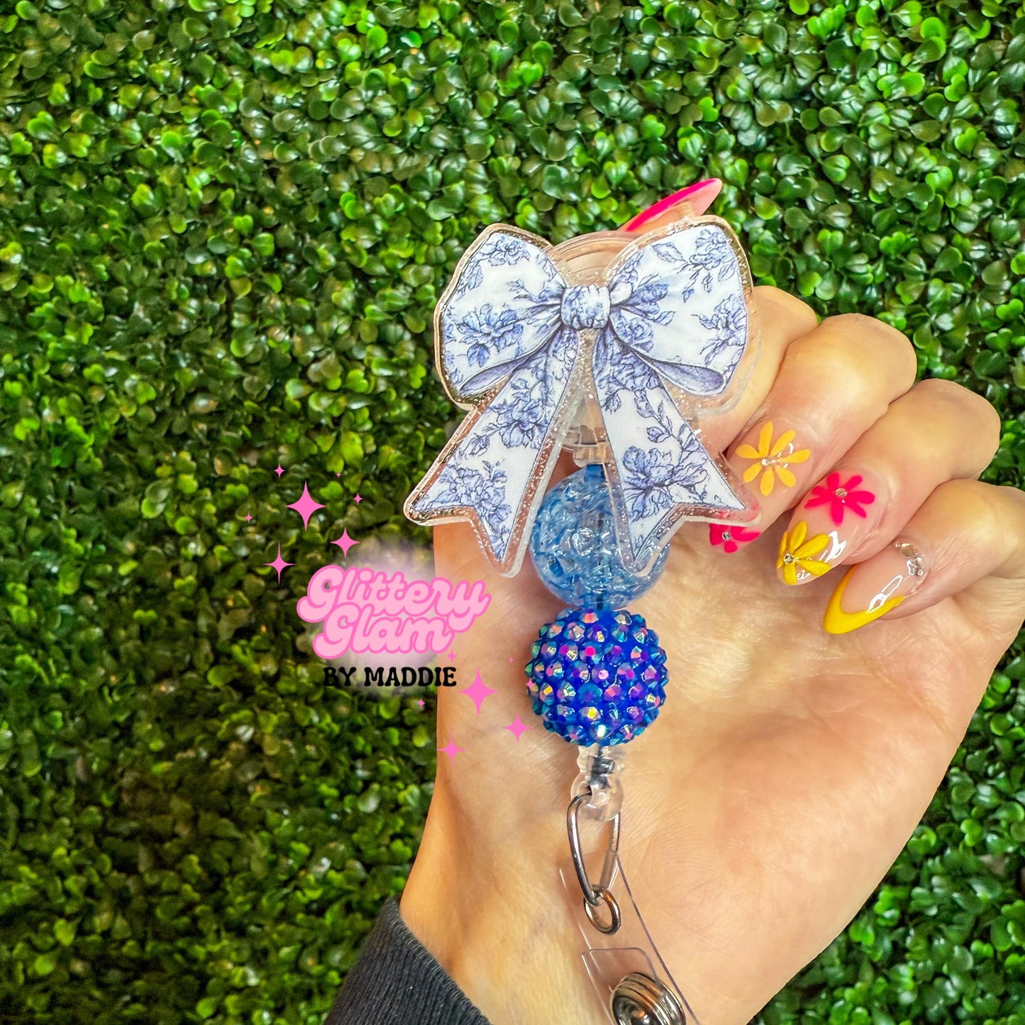 Blue Toile Bow Badge Reel: Beaded Retractable ID Holder