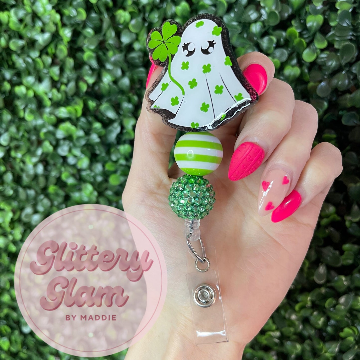 St Patrick's Day Ghost Badge Reel: Handglittered Acrylic Nurse Gift
