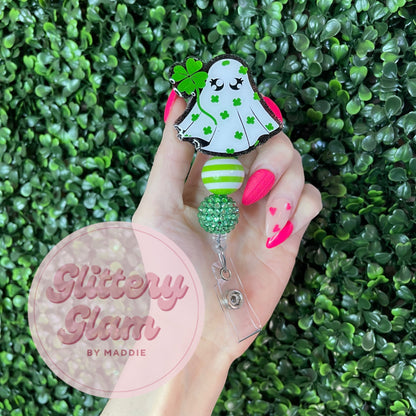 St Patrick's Day Ghost Badge Reel: Handglittered Acrylic Nurse Gift