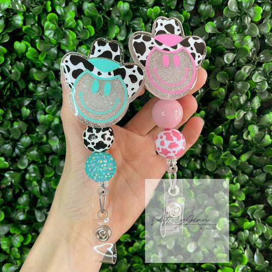 Cowboy Smiley Face Badge Reel: Cowprint Hat, Beaded Nurse ID Holder
