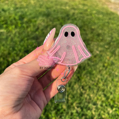 Pink Halloween Ghost Badge Reel: Glow in the Dark ID Holder
