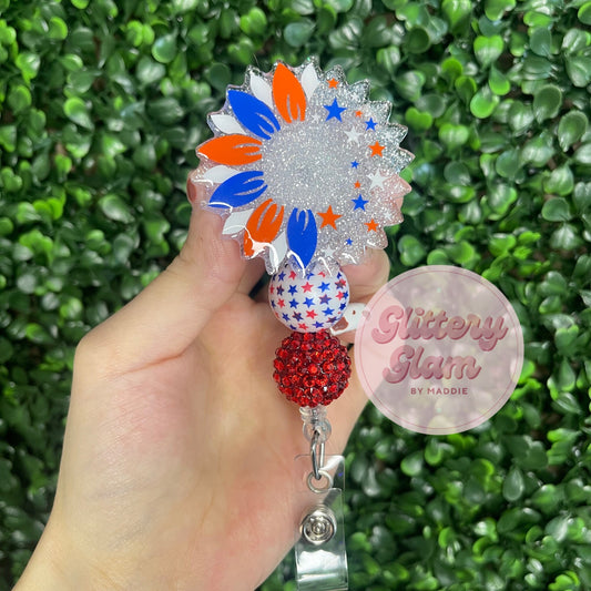 Red, White, and Bloom Patriotic Sunflower Badge Reel-Nurse Id Holder- Retractable Badge Clip