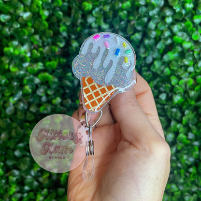 Sparkly Ice Cream Cone Badge Reel: Handglittered Summer ID Holder