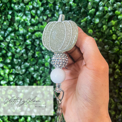 Sparkling Silver Pumpkin Badge Reel: Beaded Alligator Clip