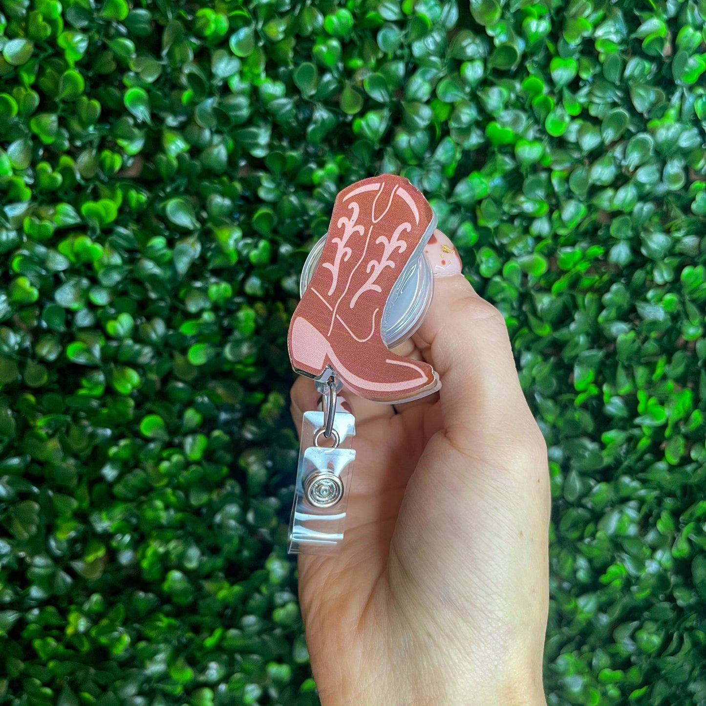 Rustic Pink Cowgirl Boot Badge Reel - Western ID Holder