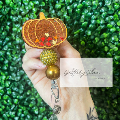 Gold Pumpkin Badge Reel with Leaves, Beaded Badge Holder for Nurses, Perfect Gift for Nurses, Teachers, or Office Workers