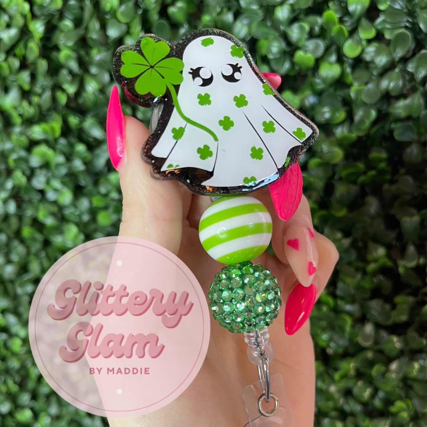 St Patrick's Day Ghost Badge Reel: Handglittered Acrylic Nurse Gift