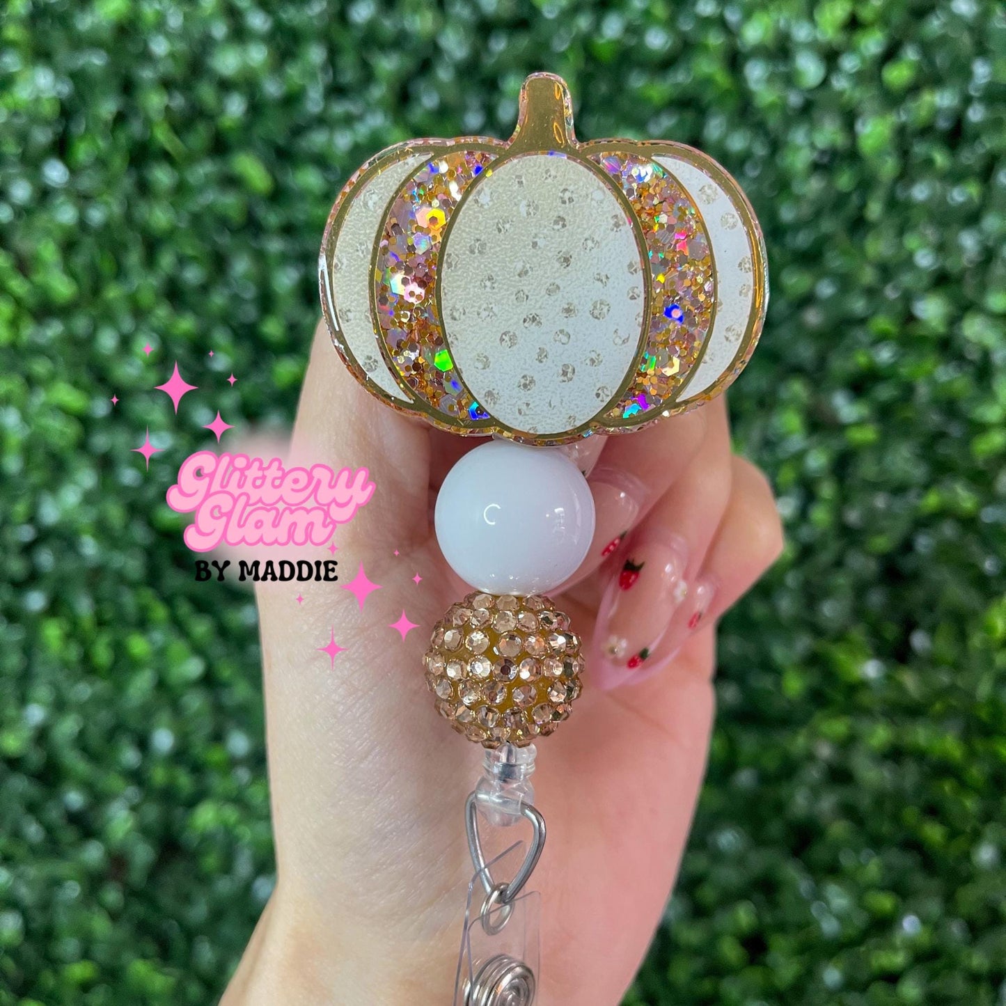 Gold Pumpkin Beaded Badge Reel: Fall Work Accessory