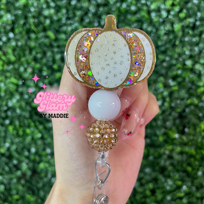 Gold Pumpkin Beaded Badge Reel: Fall Work Accessory