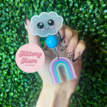 Happy Cloud Badge Reel: Glitter Acrylic Rainbow ID Holder