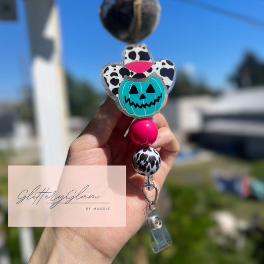 Cowboy Pumpkin Badge Reel: Pink Teal Western Cowprint Hat