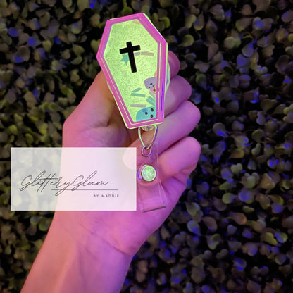 Pink Glow in the Dark Coffin Shaker Badge Reel, Halloween Badge Clip for Nurses, Retractable ID Holder, Gift for Spooky Season Lovers