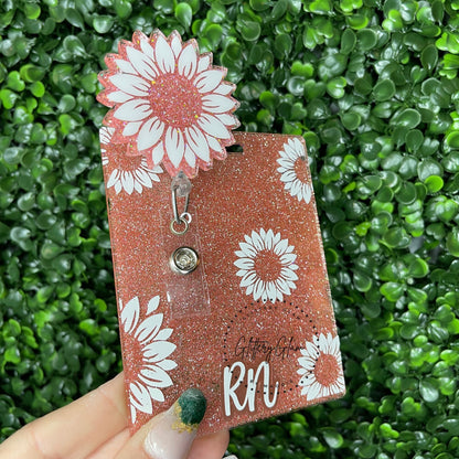 Personalized Sunflower Badge Reel: Rose Gold Glitter Nurse ID Holder