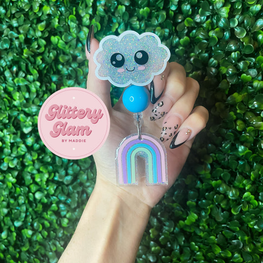Happy Cloud Badge Reel: Glitter Acrylic Rainbow ID Holder