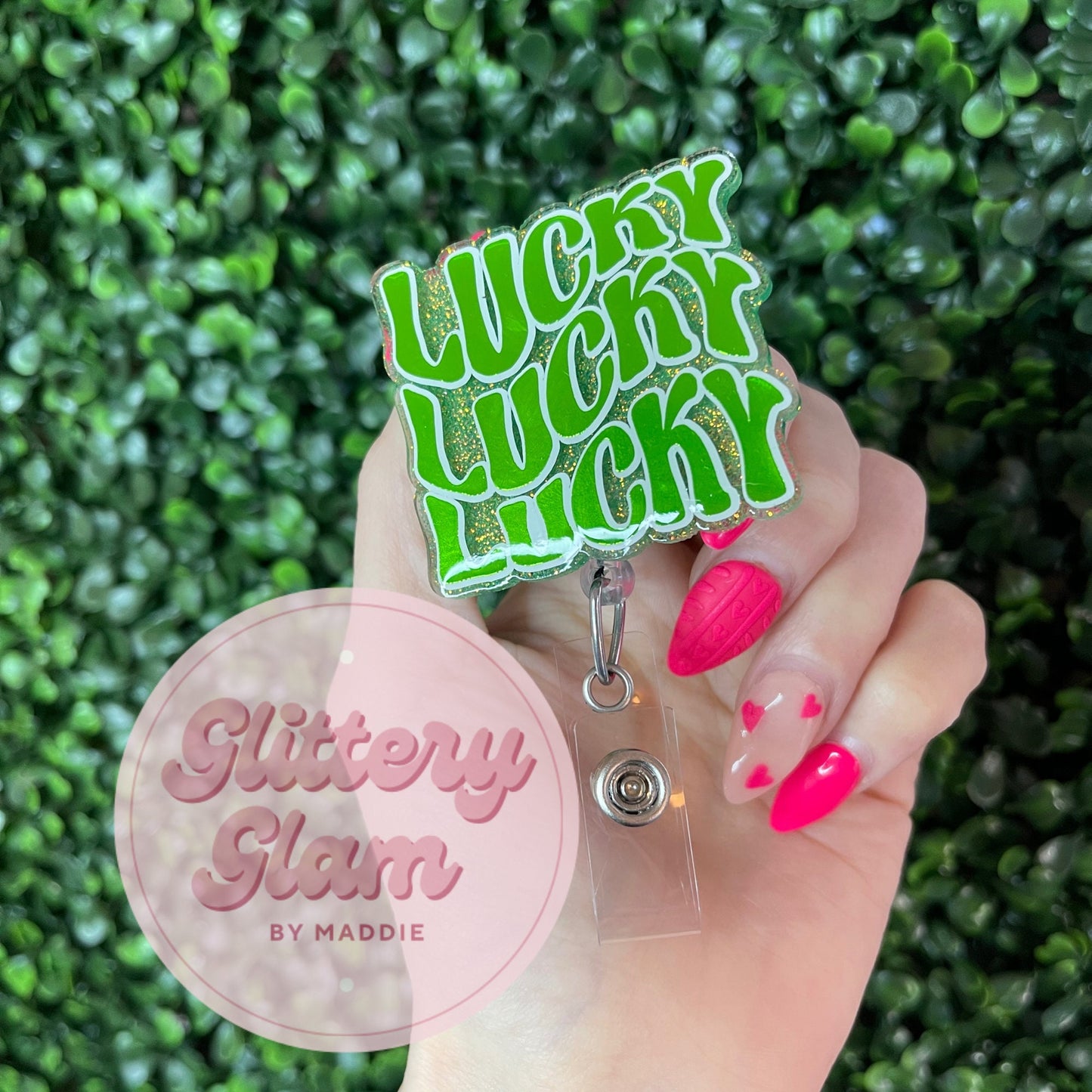 Green Glitter Lucky Badge Reel - St Patrick's Day Accessory - Nurse Gift