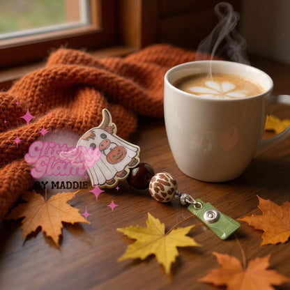 Highland Cow Ghost Badge Reel: Spooky Halloween ID Clip