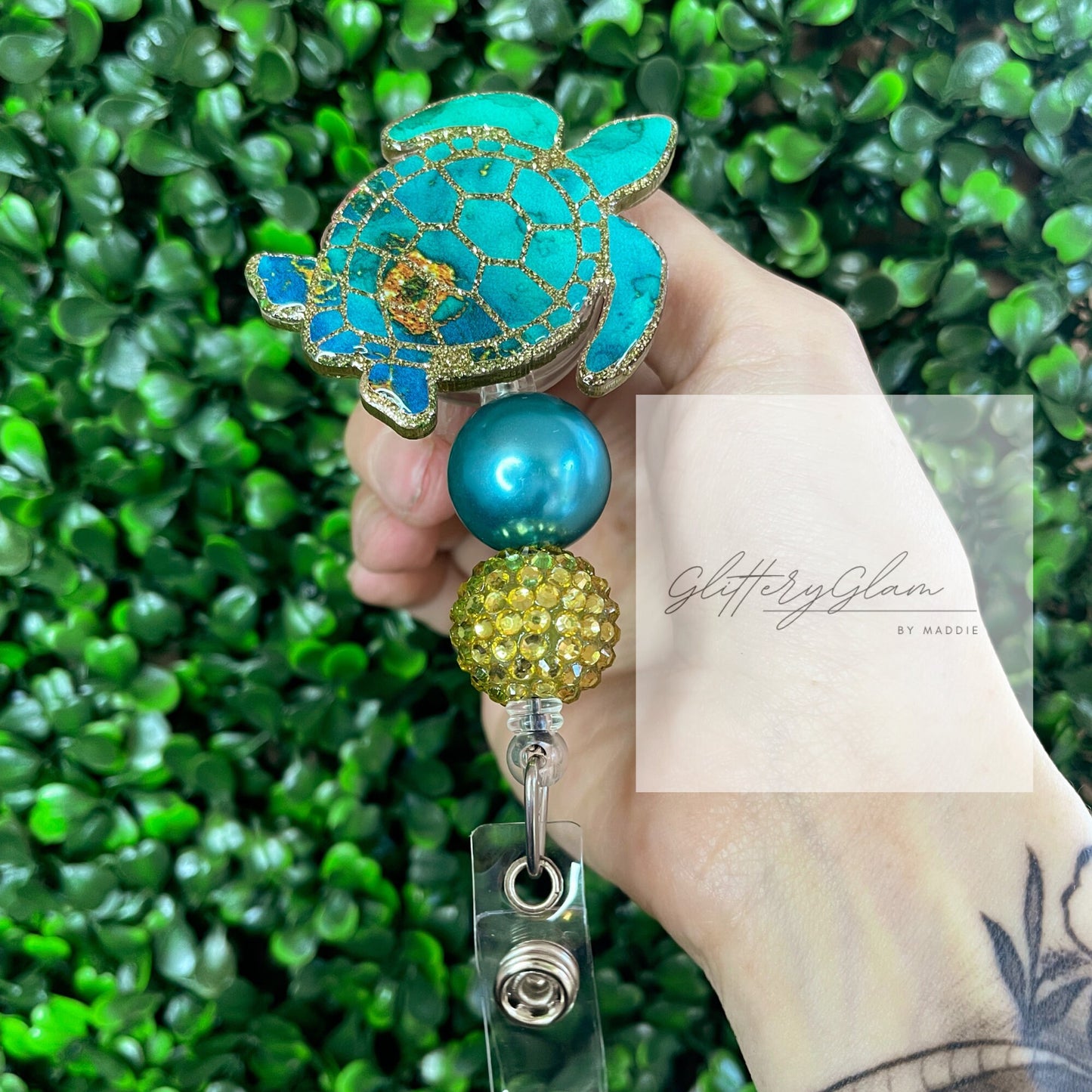 Gold Sea Turtle Beaded Badge Reel