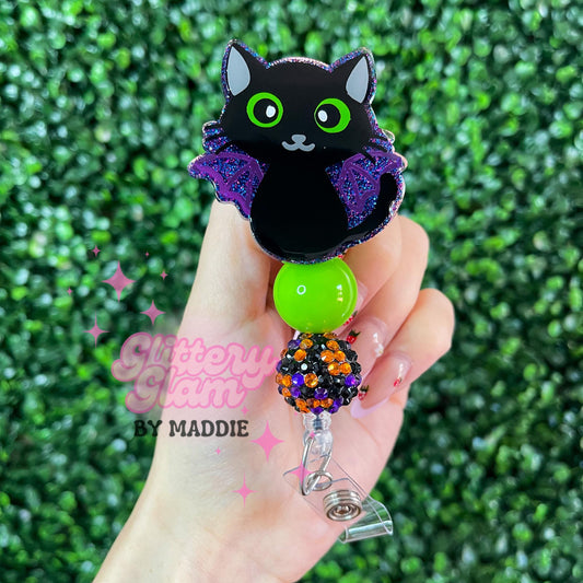 Bat Cat Halloween Badge Reel: Beaded Spooky Accessory