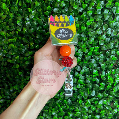 Personalized Crayon Box Beaded Badge Reel