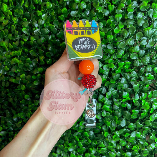 Personalized Crayon Box Beaded Badge Reel