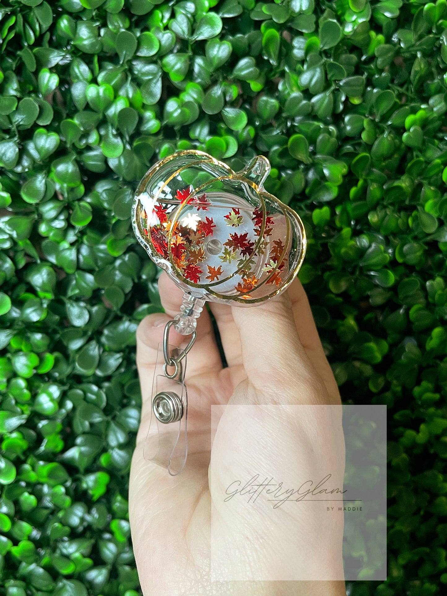 Pumpkin Shaker Badge Reel: Autumn Leaves, Retractable ID Holder
