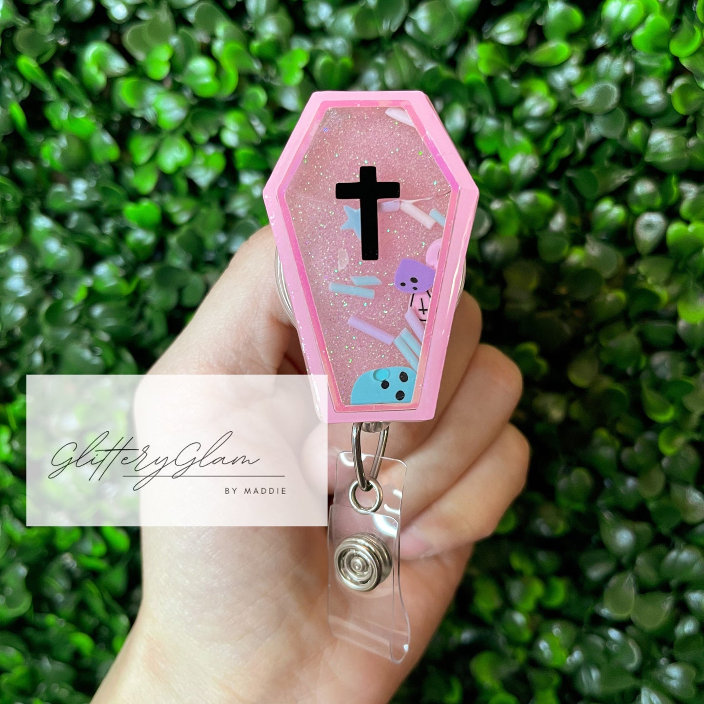 Pink Glow in the Dark Coffin Shaker Badge Reel, Halloween Badge Clip for Nurses, Retractable ID Holder, Gift for Spooky Season Lovers