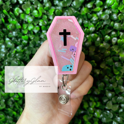Pink Glow in the Dark Coffin Shaker Badge Reel, Halloween Badge Clip for Nurses, Retractable ID Holder, Gift for Spooky Season Lovers