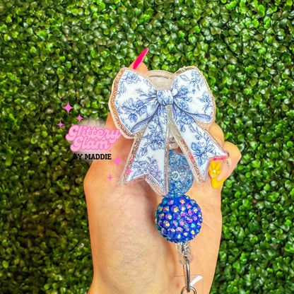 Blue Toile Bow Badge Reel: Beaded Retractable ID Holder