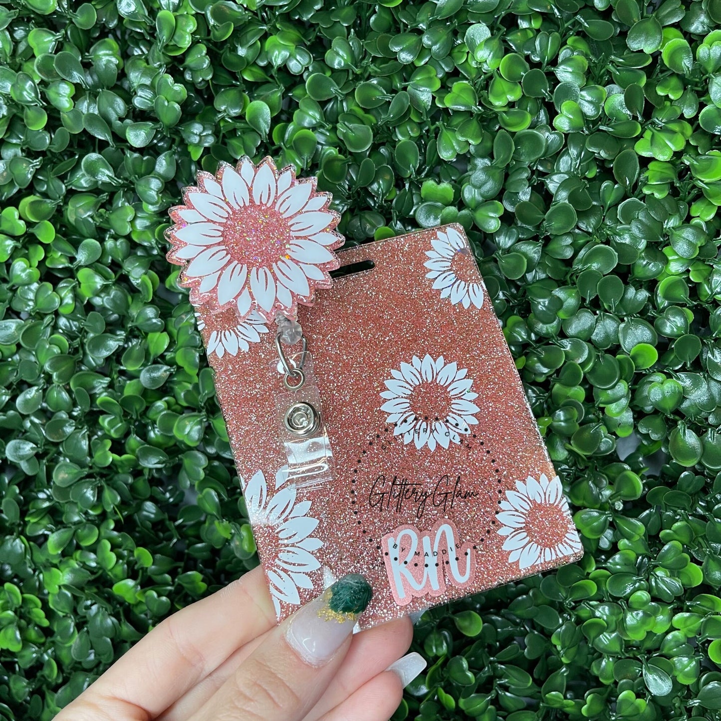 Personalized Sunflower Badge Reel: Rose Gold Glitter Nurse ID Holder