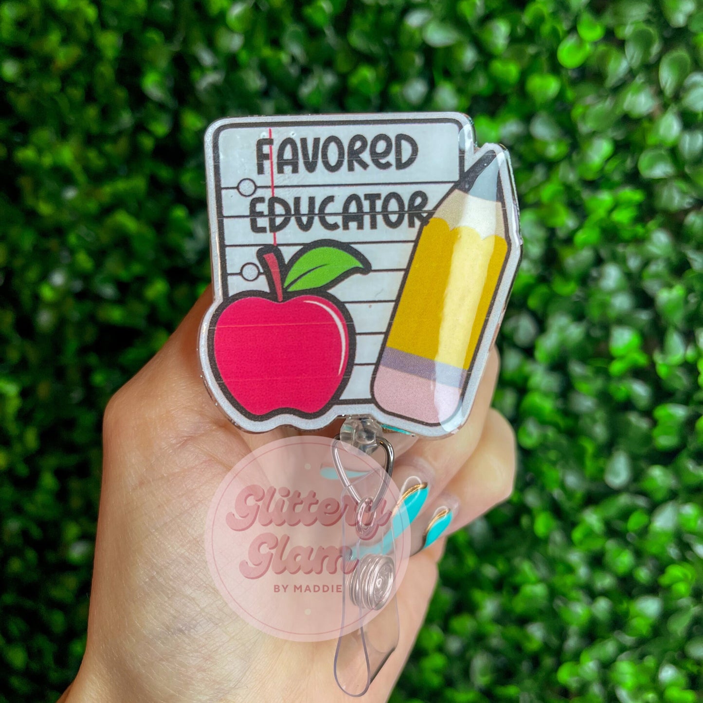Personalized Teacher Badge Reel: Glittered Acrylic ID Holder